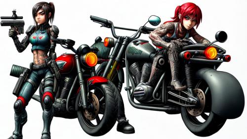 Tattooed cyborg sniper girl with a motorbike