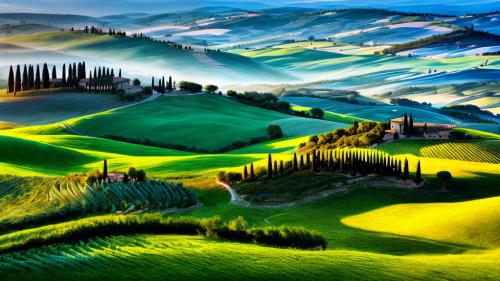 Rolling hills of Tuscany with cypresses at the afterglow