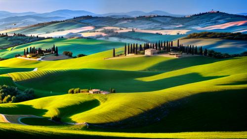 Rolling hills of Tuscany with cypresses at the afterglow