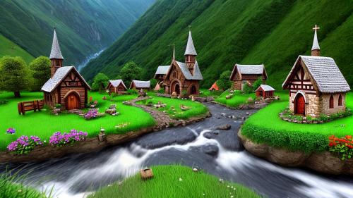 Fantasy village in the valley with a river and a small church