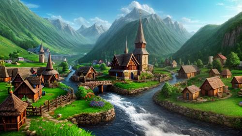 Fantasy village in the valley with a river and a small church