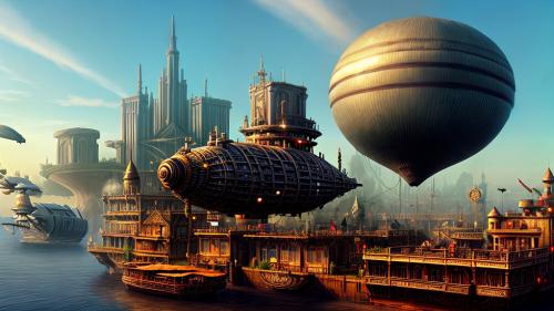 Steampunk city with a floating Zeppelin airship