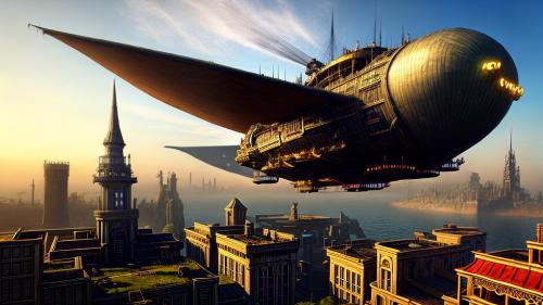 Steampunk city with a floating Zeppelin airship