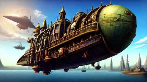 Steampunk city with a floating Zeppelin airship