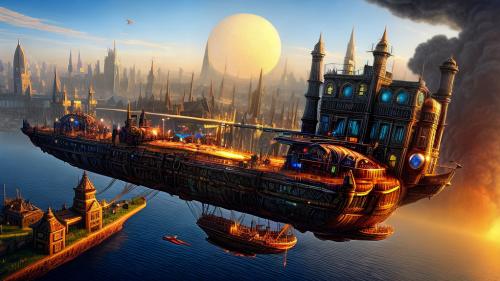 Steampunk city with a floating Zeppelin airship