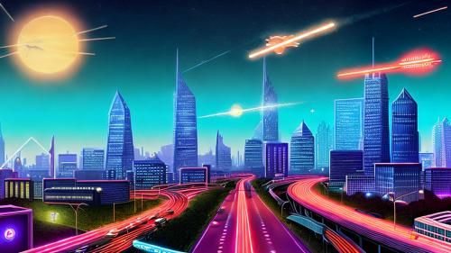 Retrofuturistic cityscape highway skysrapers