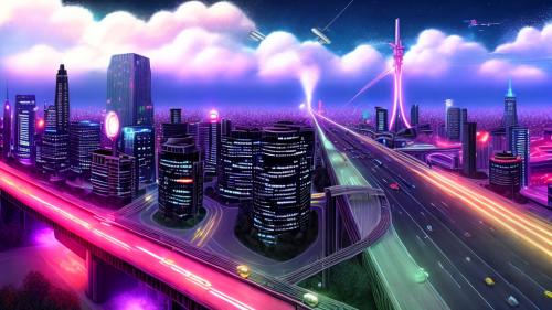 Retrofuturistic cityscape highway skysrapers