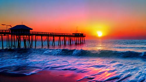 Burning sunset pier ocean digital