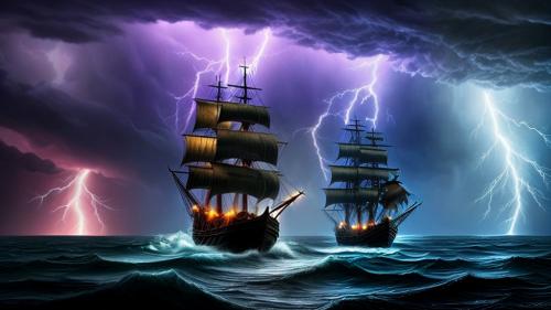 Fantasy pirate ship thunderstorm night storm seawaves