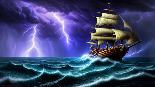 Fantasy pirate ship thunderstorm night storm seawaves