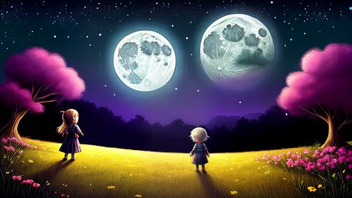 Alone little girl field moon night cartoon