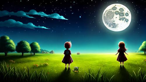 Alone little girl field moon night cartoon