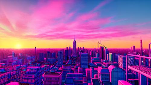 Pink retro city sunset