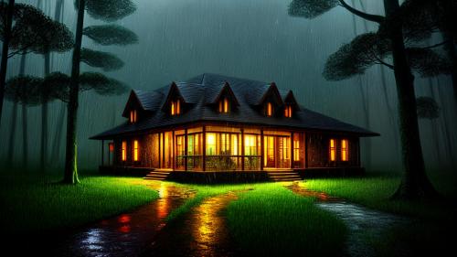 A rainy night and a surreal house in forest