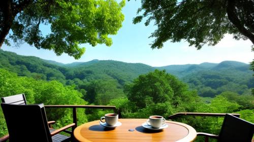 natural view, a cup of coffee, a table, trees, reiver