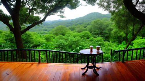 natural view, a cup of coffee, a table, trees, reiver