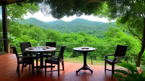 natural view, a cup of coffee, a table, trees, reiver