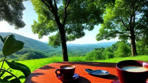 natural view, a cup of coffee, a table, trees, reiver