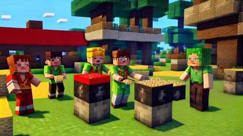 Minecraft villagers working at McDonalds making hamburgers for Minecraft villager customers in Minecraft style