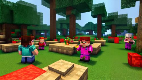 Minecraft villagers working at McDonalds making hamburgers for Minecraft villager customers in Minecraft style