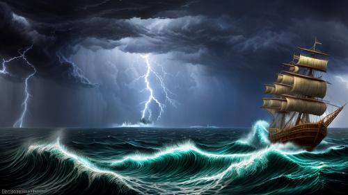 stormy skies and fierce waves on an ocean scene with a 18th century ship with lightning striking in the distance in Minecraft style