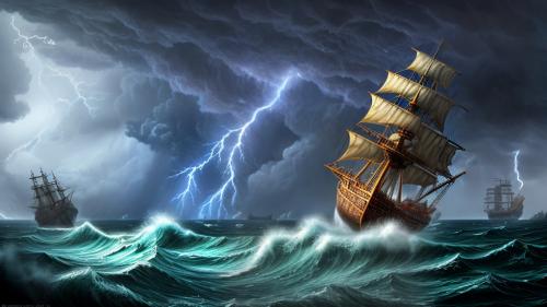 stormy skies and fierce waves on an ocean scene with a 18th century ship with lightning striking in the distance in Minecraft style