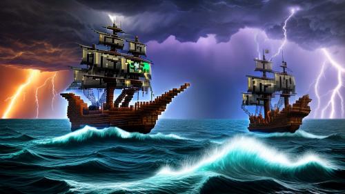 Minecraft style pirate ship on stormy seas and lightning striking in the background