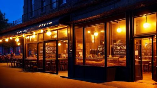 A coffee shop at night with the color scheme of golden brown