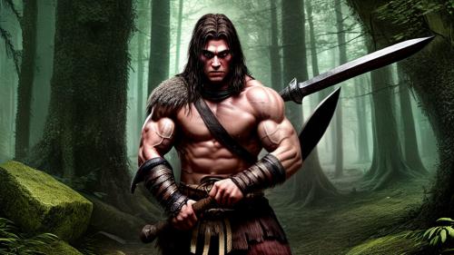 muscular young barbarian in medieval forest