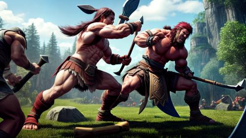 muscular barbarian boy in battle with two axes