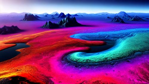 A stunning high resolution 4k abstract wallpaper with vibrant colors and psychedelic shapes. Fluid-like shapes are curved, twisted, and overlapping, creating a sense of depth and movement and resembles mountains. Background is an open landscape with black sand that glitters. A dark sky with different shades above.