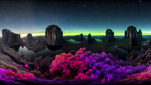 A photorealistic depiction of an alien world, a breathtaking landscape that is both strange and captivatingly beautiful. The scene showcases (bioluminescent flora) casting a soft, ethereal glow across the alien terrain. The sky above is filled with vibrant hues, with (multiple moons) illuminating the vast expanse. Unique rock formations, towering spires, and cascading waterfalls add to the otherworldly charm. The image should be rendered with meticulous attention to detail, capturing the intricate textures and colors of the alien environment. The chosen camera angle is a (panoramic shot) using a (wide-angle lens), allowing for a sweeping view that encompasses the grandeur of the landscape. The resolution is (8K) to ensure that every intricate feature of this alien world is brought to life with stunning clarity.