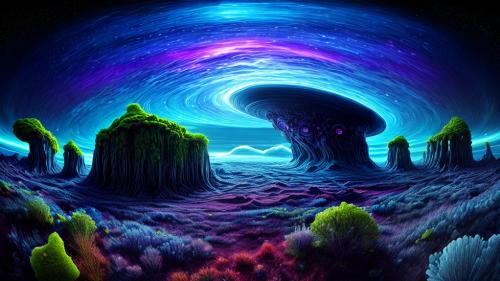 An artistic interpretation of an alien world that defies imagination, a landscape both strange and breathtakingly beautiful. The scene is depicted in a (surreal art style), with vibrant, otherworldly colors and abstract forms. The alien terrain is adorned with (floating crystal formations) and (bioluminescent plants) emitting a soft, mesmerizing glow. The sky above is a tapestry of swirling clouds and celestial phenomena, evoking a sense of wonder and awe. The chosen camera angle is a (high-angle shot) using a (fish-eye lens), distorting perspective and adding to the sense of surrealism. This artistic representation captures the essence of the alien world's unique beauty, inviting viewers to immerse themselves in its enchanting mysteries.