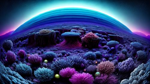 An artistic interpretation of an alien world that defies imagination, a landscape both strange and breathtakingly beautiful. The scene is depicted in a (surreal art style), with vibrant, otherworldly colors and abstract forms. The alien terrain is adorned with (floating crystal formations) and (bioluminescent plants) emitting a soft, mesmerizing glow. The sky above is a tapestry of swirling clouds and celestial phenomena, evoking a sense of wonder and awe. The chosen camera angle is a (high-angle shot) using a (fish-eye lens), distorting perspective and adding to the sense of surrealism. This artistic representation captures the essence of the alien world's unique beauty, inviting viewers to immerse themselves in its enchanting mysteries.