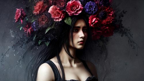 woman with dark flowers