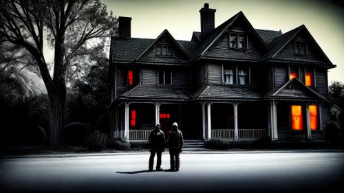 2 shadows in front of a horror house