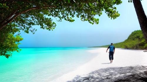 A white beach with one man on it