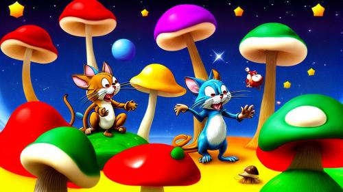 Tom and Jerry hallucination on mushrooms in space abstract