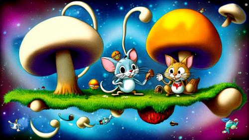 Tom and Jerry hallucination on mushrooms in space abstract