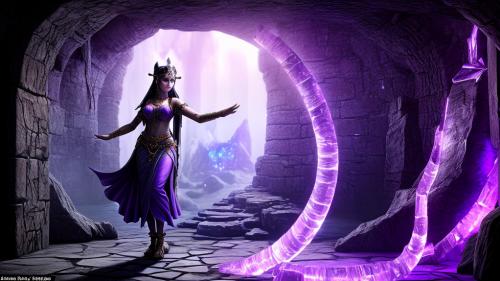 the goddess Hestia standing in a mystical dungeon made of purple crystal