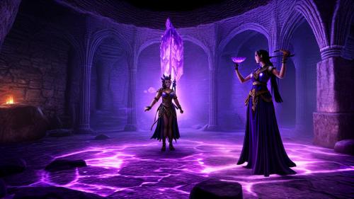 the goddess Hestia standing in a mystical dungeon made of purple crystal