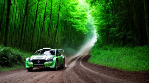 rally car going through lush green forest