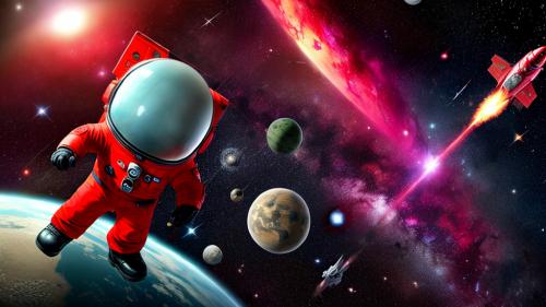 cohete y astronauta con fondo rojo