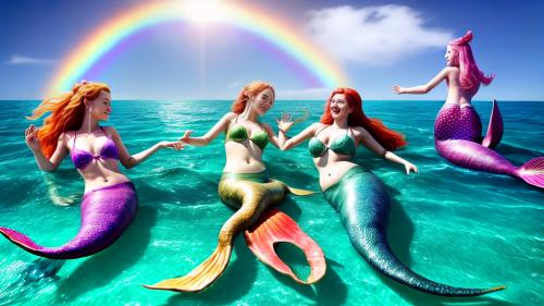 mermaids in rainbow waters chasing seahorses