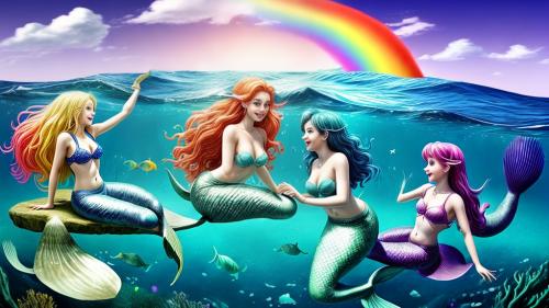 mermaids in rainbow waters chasing seahorses