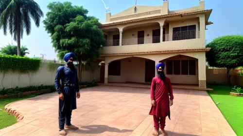 rich home with z    security and thundering weather with fighter plane in sky and commando in home and a sikh boy standing in gardan