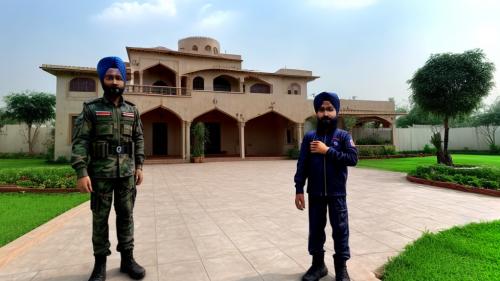 rich home with z    security and thundering weather with fighter plane in sky and commando in home and a sikh boy standing in gardan