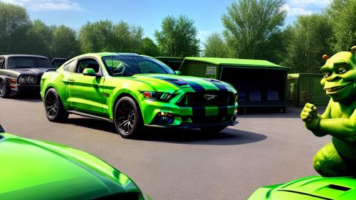 shrek ridding ford mustang