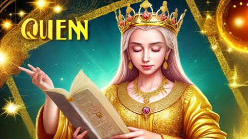 create a queen putting on a golden dress and a golden crown reading a book titled wisdom for queens with a bright light shining over her