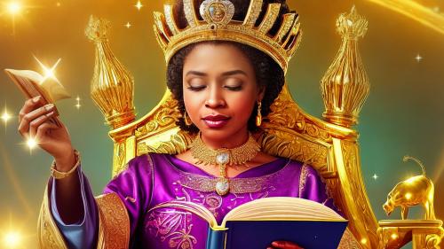 create a queen putting on a golden dress and a golden crown reading a book titled wisdom for queens with a bright light shining over her